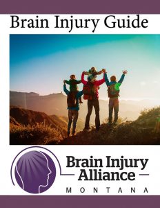 Cover of the MT Brain Injury Guide, featuring a family looking off towards the sunset. The text reads "Montana Brain Injury Guide", with BIAMT's logo below.
